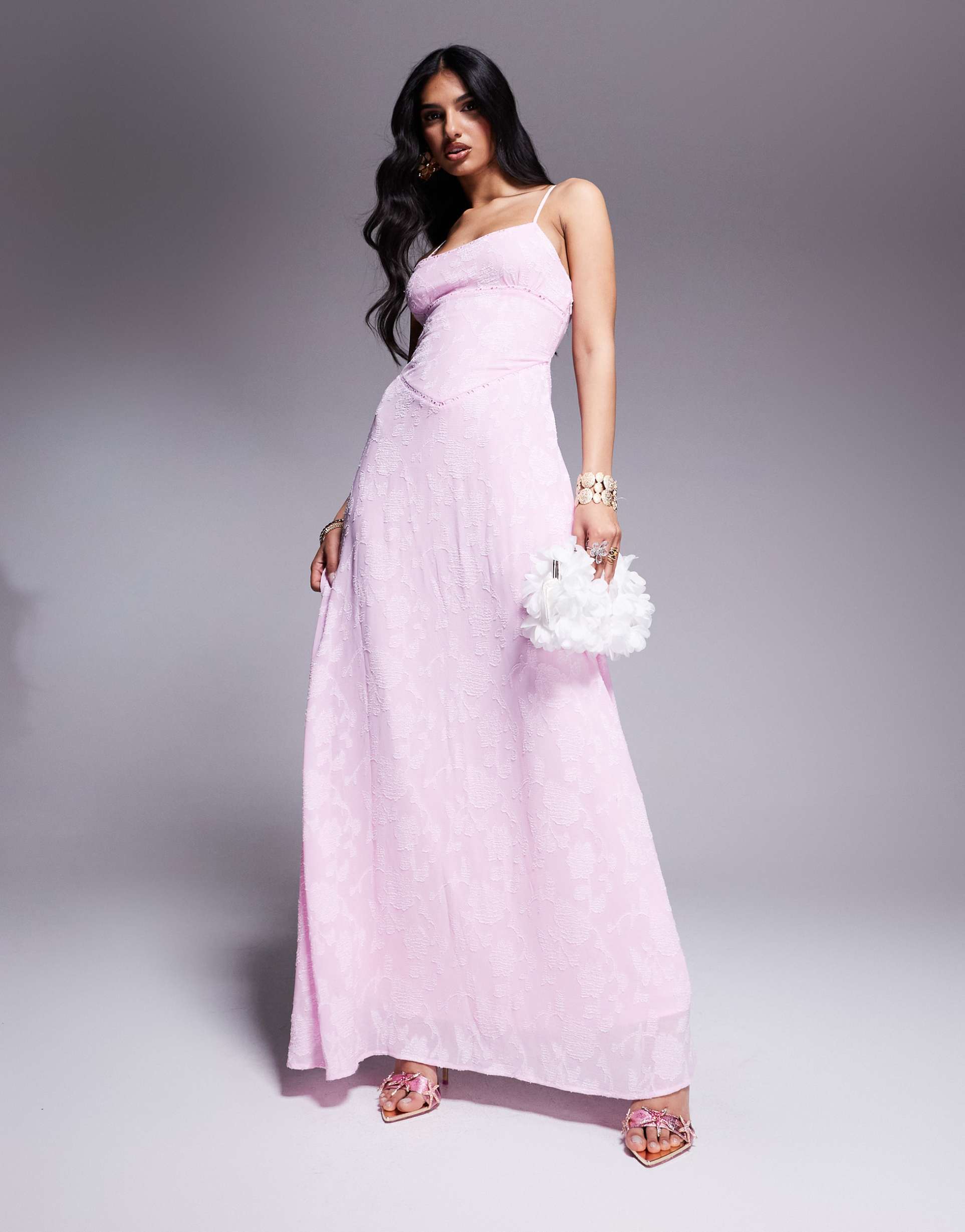princess polly devore cami lace up back detail maxi dress in pink floral