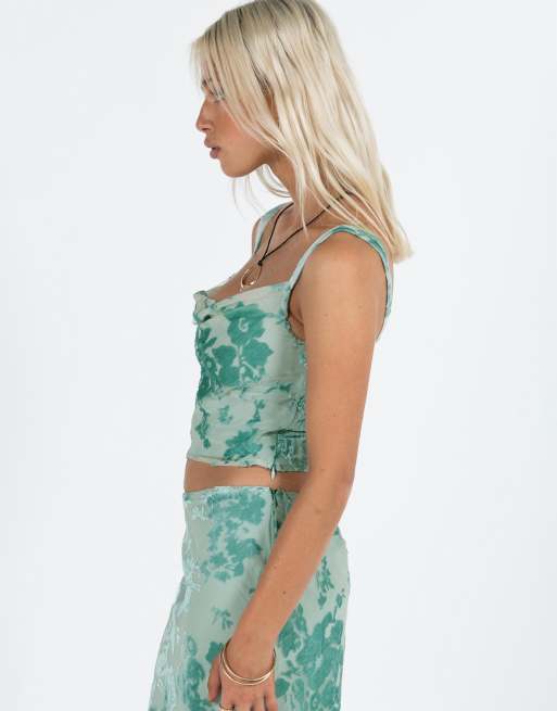 Princess Polly Devore velvet cowl neck top co-ord in mint floral, 2 of 4