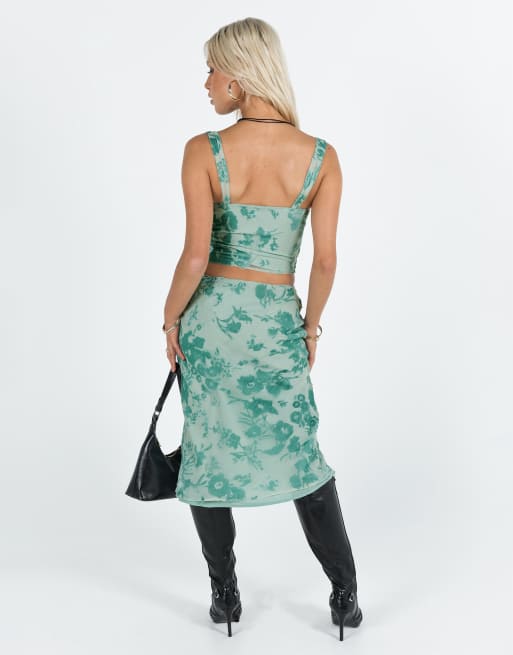 Princess Polly Devore velvet midi skirt co-ord in mint floral, 2 of 4