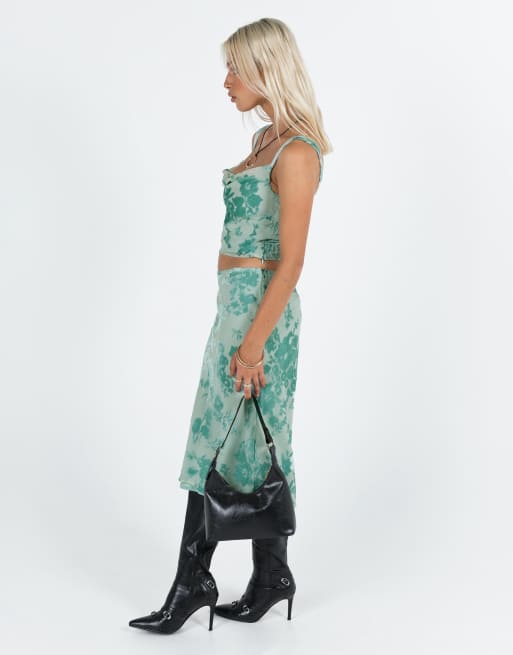 Princess Polly Devore velvet midi skirt co-ord in mint floral, 3 of 4