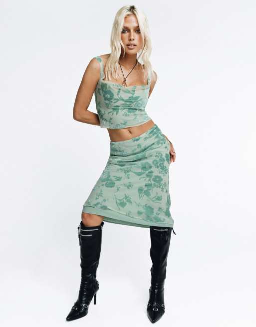 Princess Polly Devore velvet midi skirt co-ord in mint floral, 4 of 4