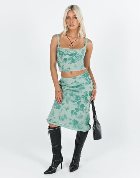 Princess Polly Devore velvet midi skirt in mint floral (Part of a set) - view 1