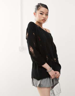 distressed ladder stitch slash neck sweater in black