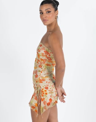 Princess Polly Donelli mesh bandeau asymmetric hem ruched side mini dress  in multi floral | ASOS