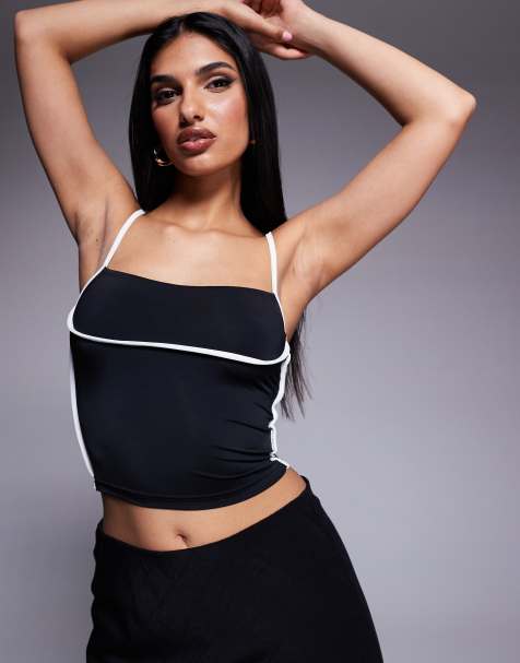Princess Polly – Doppellagiges, figurbetontes Camisole in Schwarz-Weiß mit Riemchenträgern und farblich abgesetztem Besatz - view 1