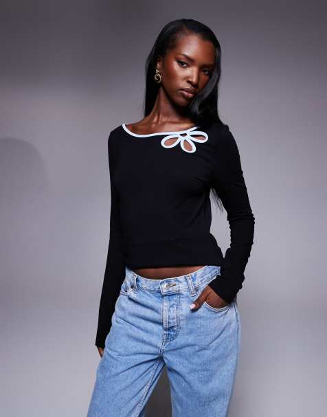 Princess Polly Double Back floral cut-out long sleeve top in black - view 1