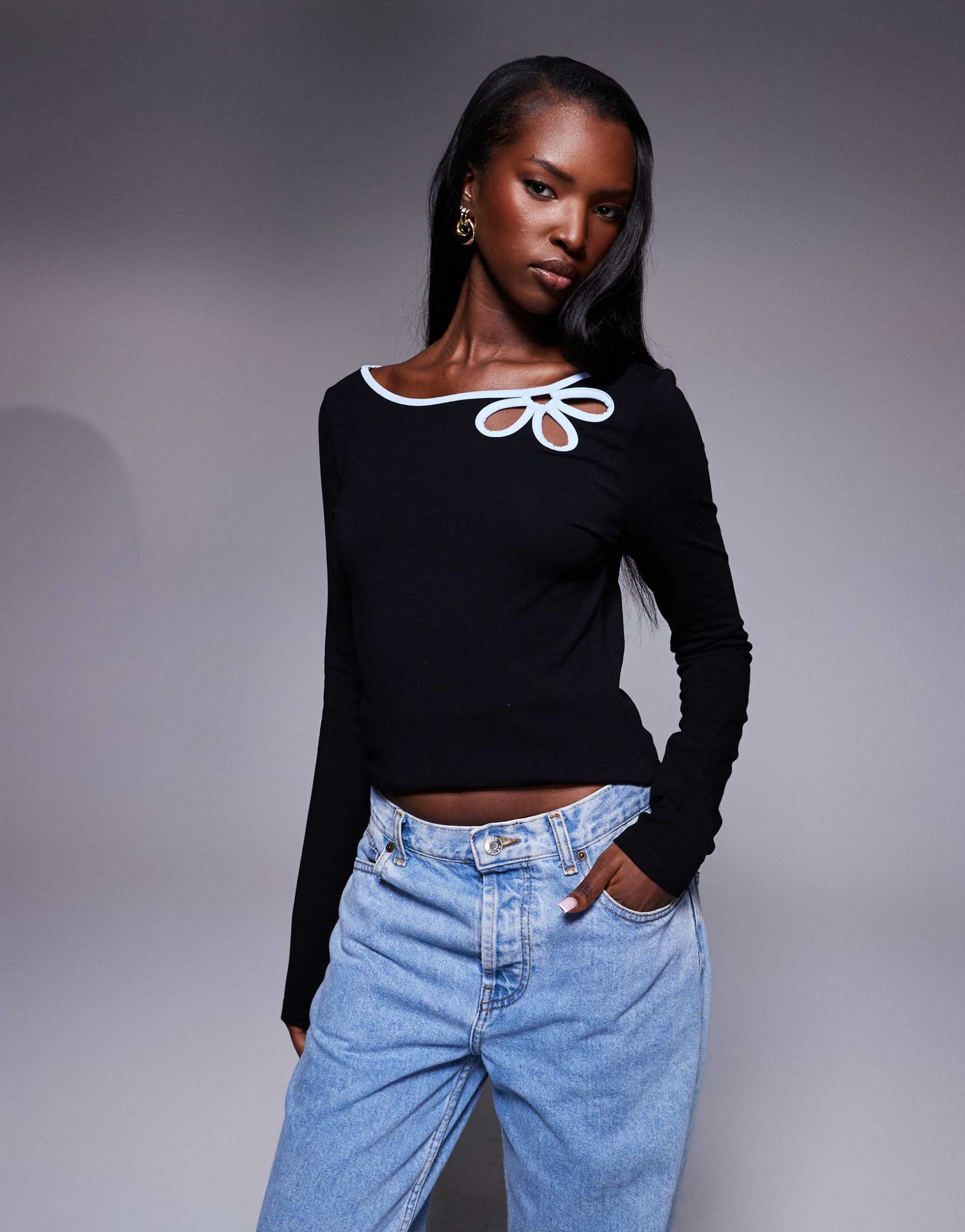 princess polly double back floral cut-out long sleeve top in black