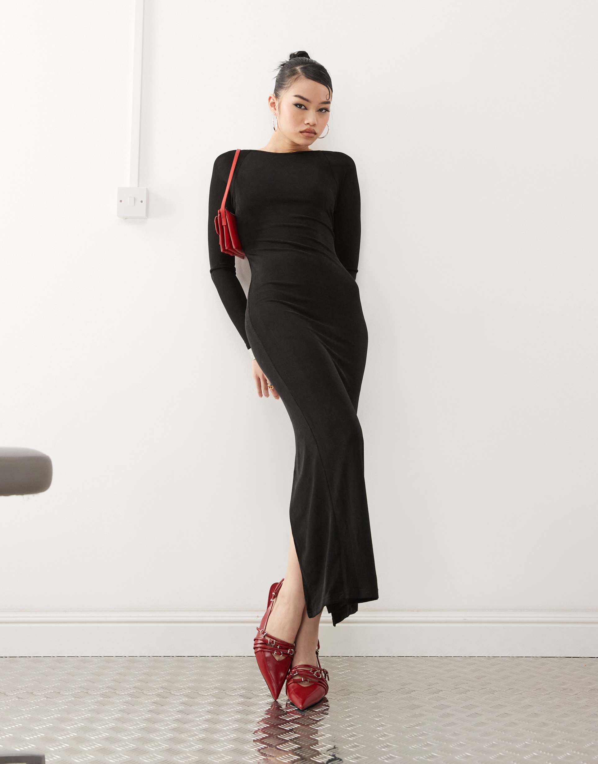 princess polly double layered slinky boat neck long sleeve backless maxi dress in black