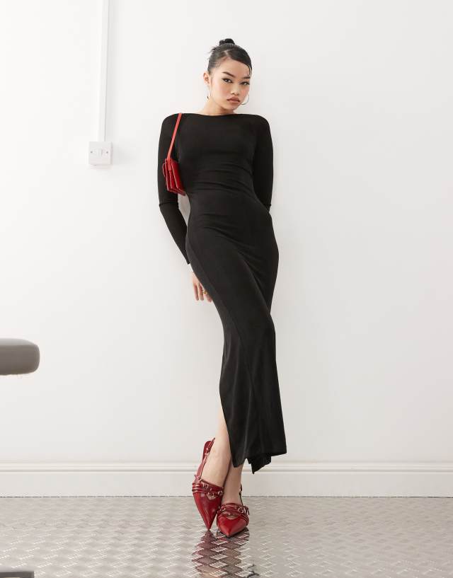 princess polly black long sleeve dress double layered slinky boat neck backless maxi in Shoe Size (UK):8 Mini dresses Rippled ruching PRE_ORDER Velvi - Size 4,