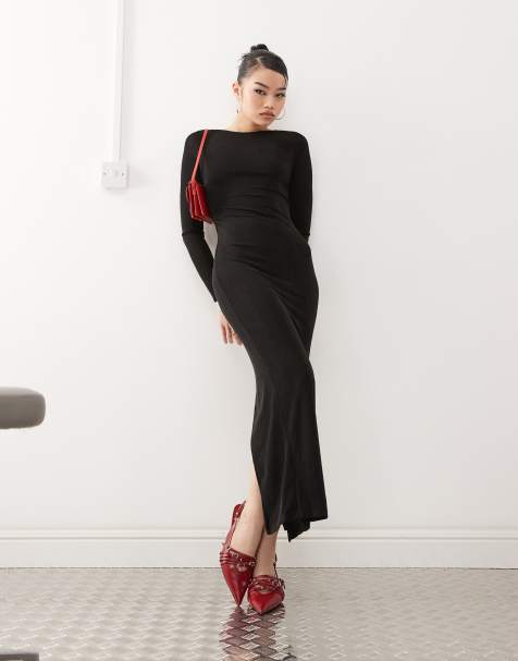 Princess Polly double layered slinky boatneck long sleeve backless maxi dress in black - view 1