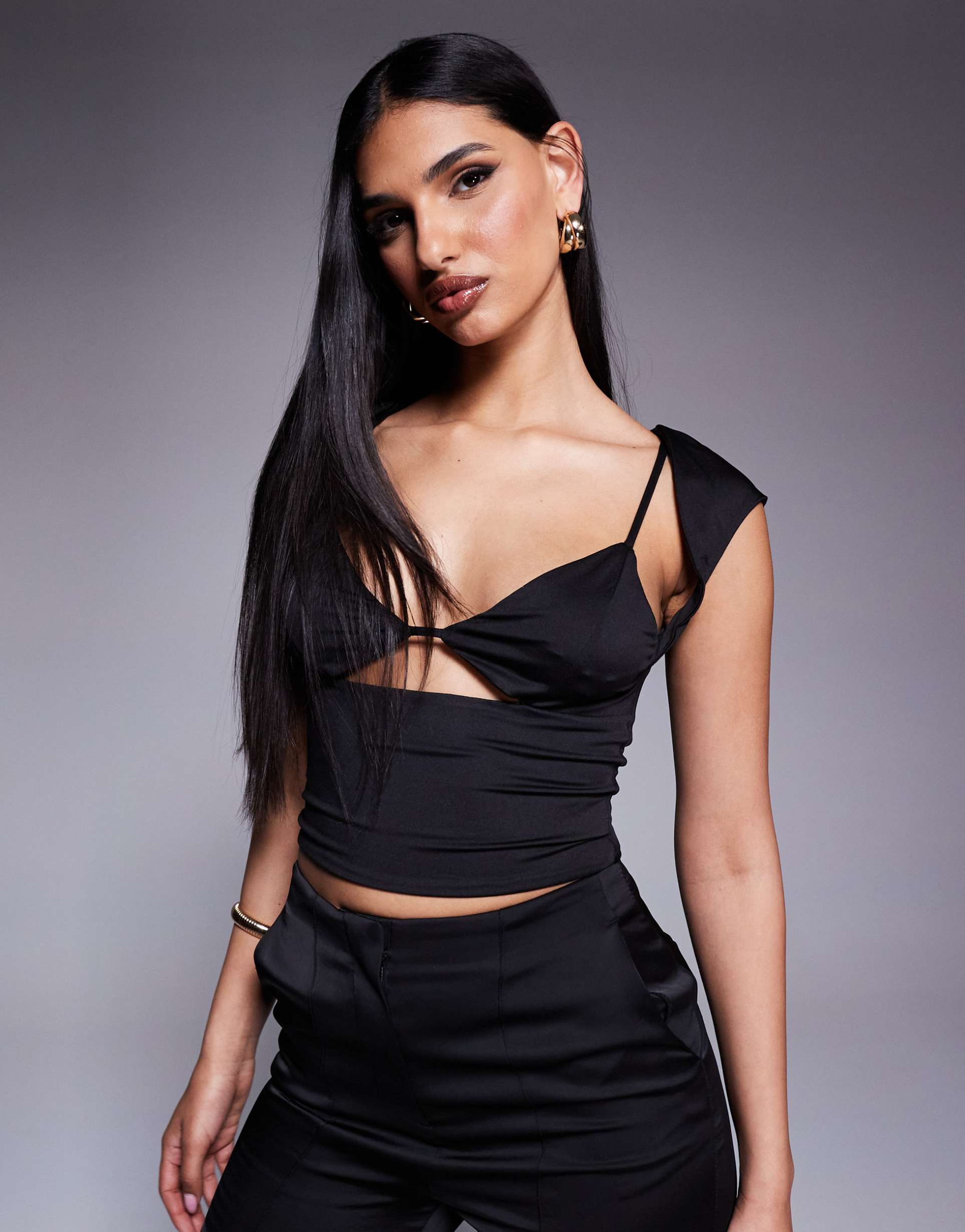 princess polly double layered slinky bralette cut out crop top in black
