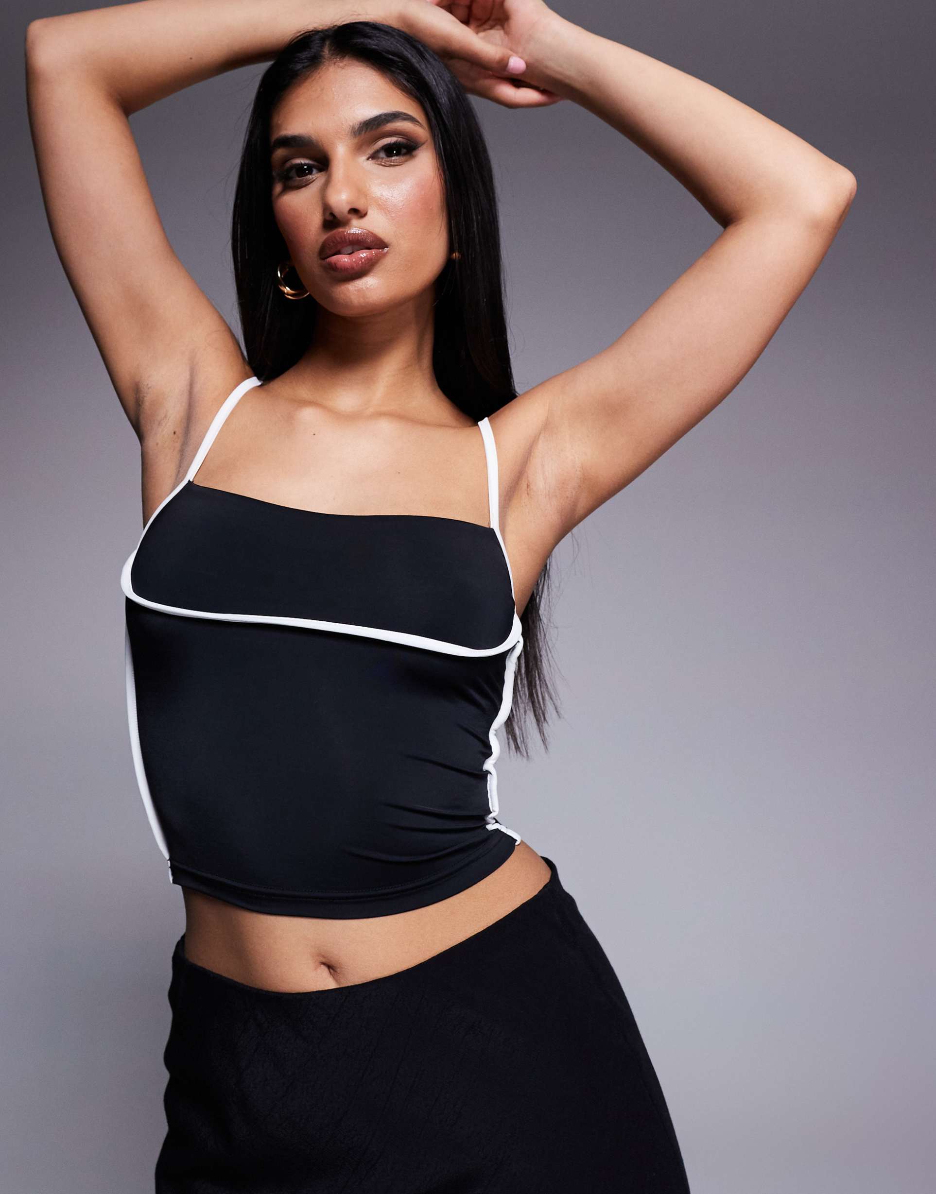 princess polly double layered slinky contrast trim strappy cami top in mono