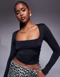 [Princess Polly] Princess Polly double layered slinky square neck long sleeve crop top in black 6 BLACK