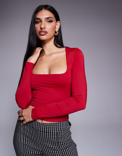Princess Polly double layered slinky square neck long sleeve crop top in red - view 1