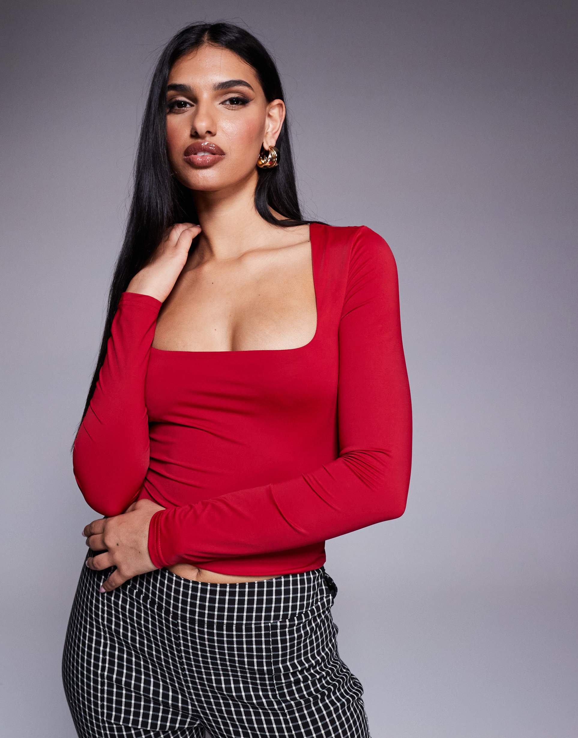 princess polly double layered slinky square neck long sleeve crop top in red