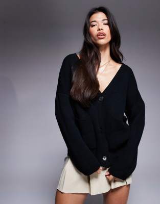 dropped shoulders v neck pocket detail cardigan in black
