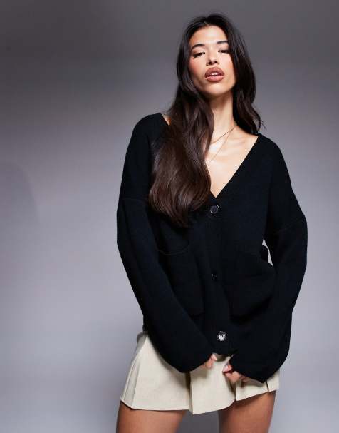 Princess Polly dropped shoulders v neck pocket detail cardigan in black - view 1