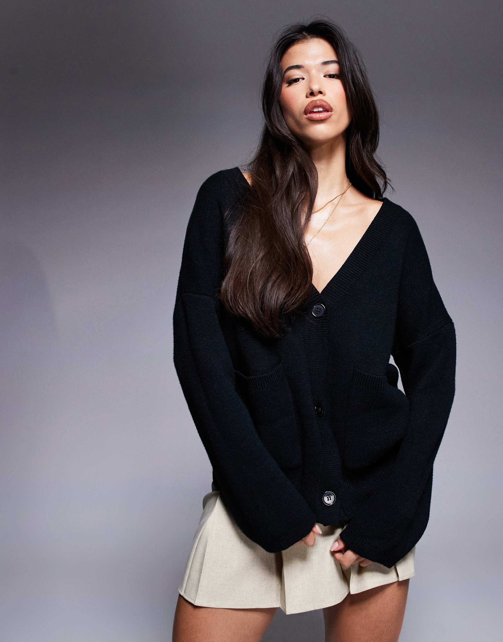 princess polly dropped shoulders v neck pocket detail cardigan in black