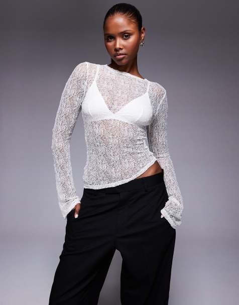 Princess Polly Dulaney sheer textured flare sleeve top in white