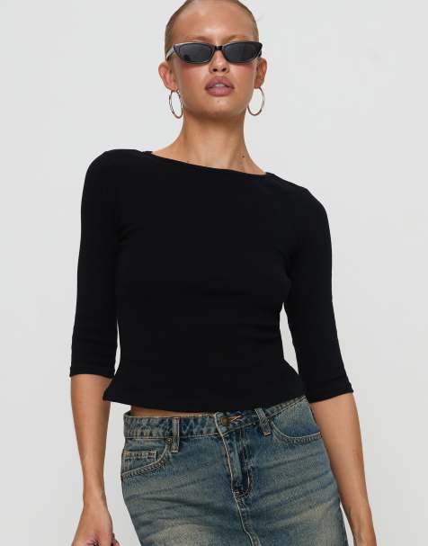 Princess Polly Elaia cotton rich ribbed 3/4 sleeve top in black - view 1