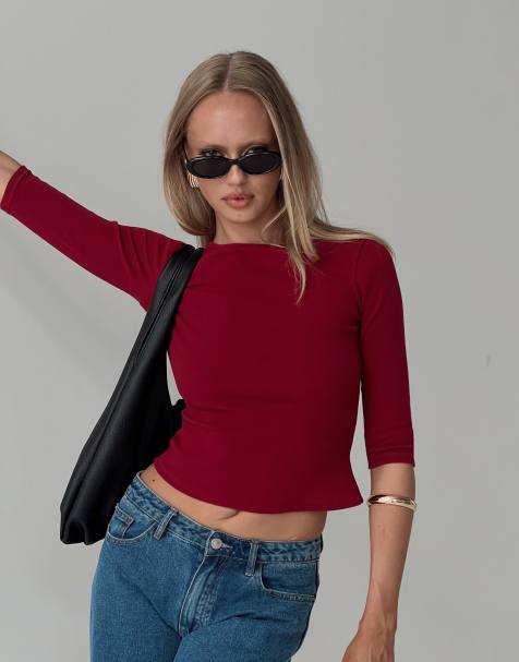 Princess Polly Elaia cotton rich slash neck 3/4 sleeve top in burgundy - view 1