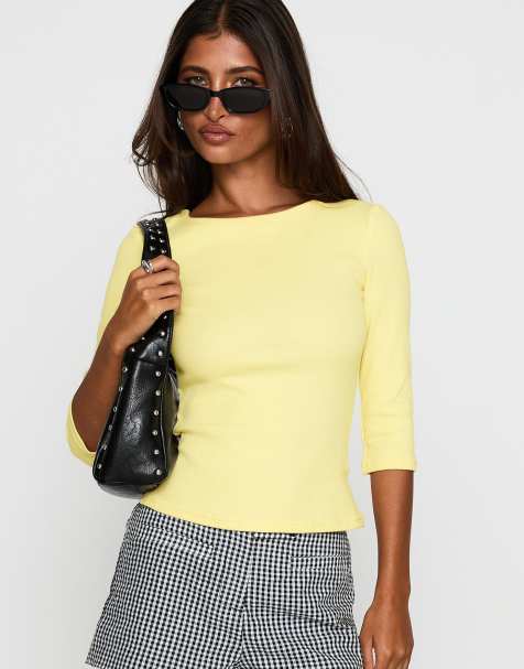 Princess Polly Elaia cotton rich slash neck 3/4 sleeve top in yellow - view 1