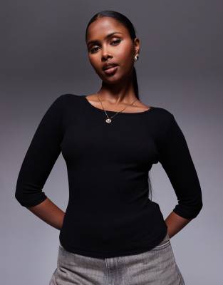 Princess Polly Elaia Slash Neck 3/4 Sleeve Top In Black