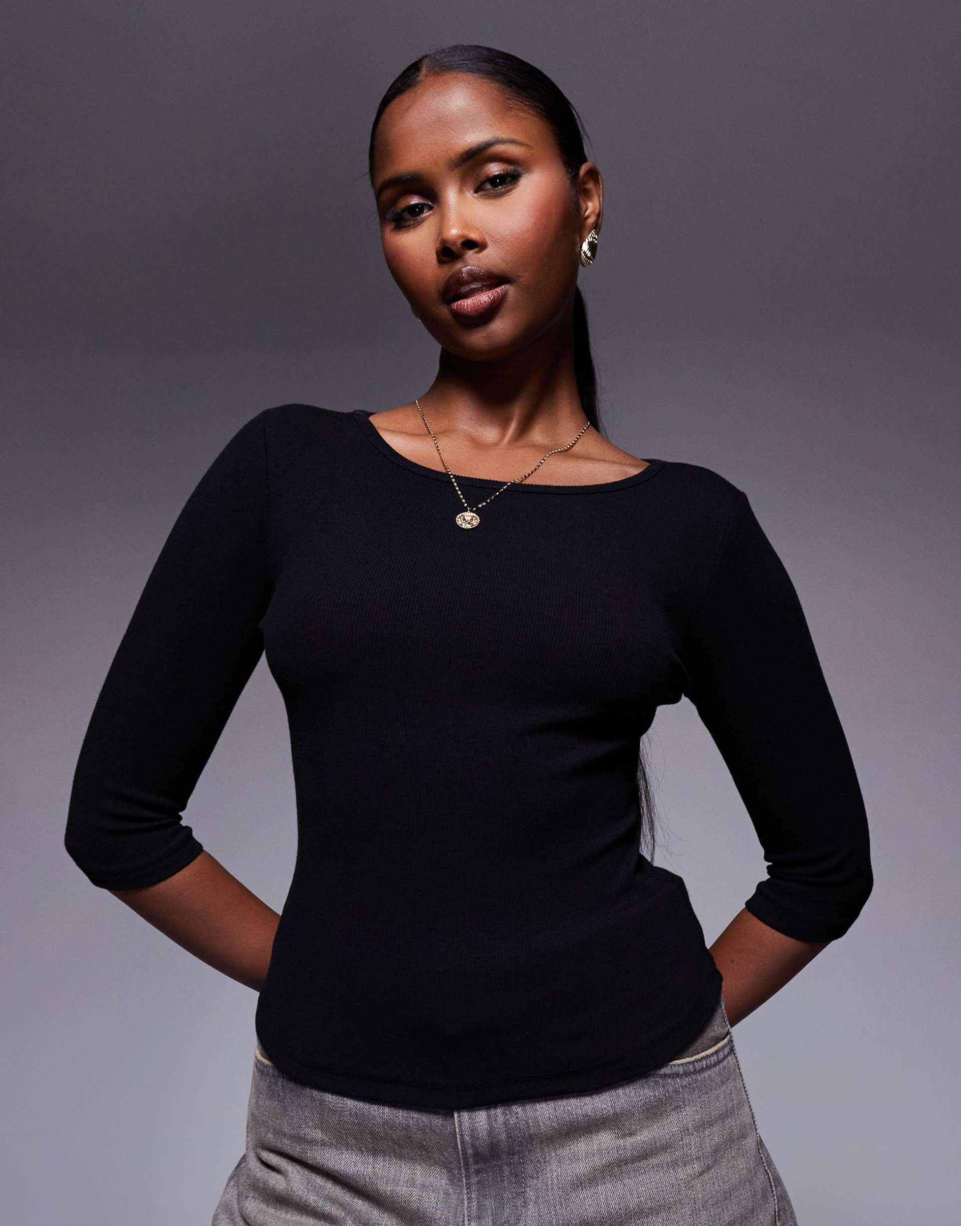 princess polly elaia slash neck 3/4 sleeve top in black