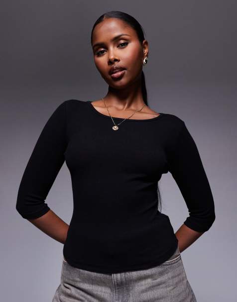 Princess Polly - Elaia - Sort bomuldsrig top med lige hals og 3/4-ærmer - view 1