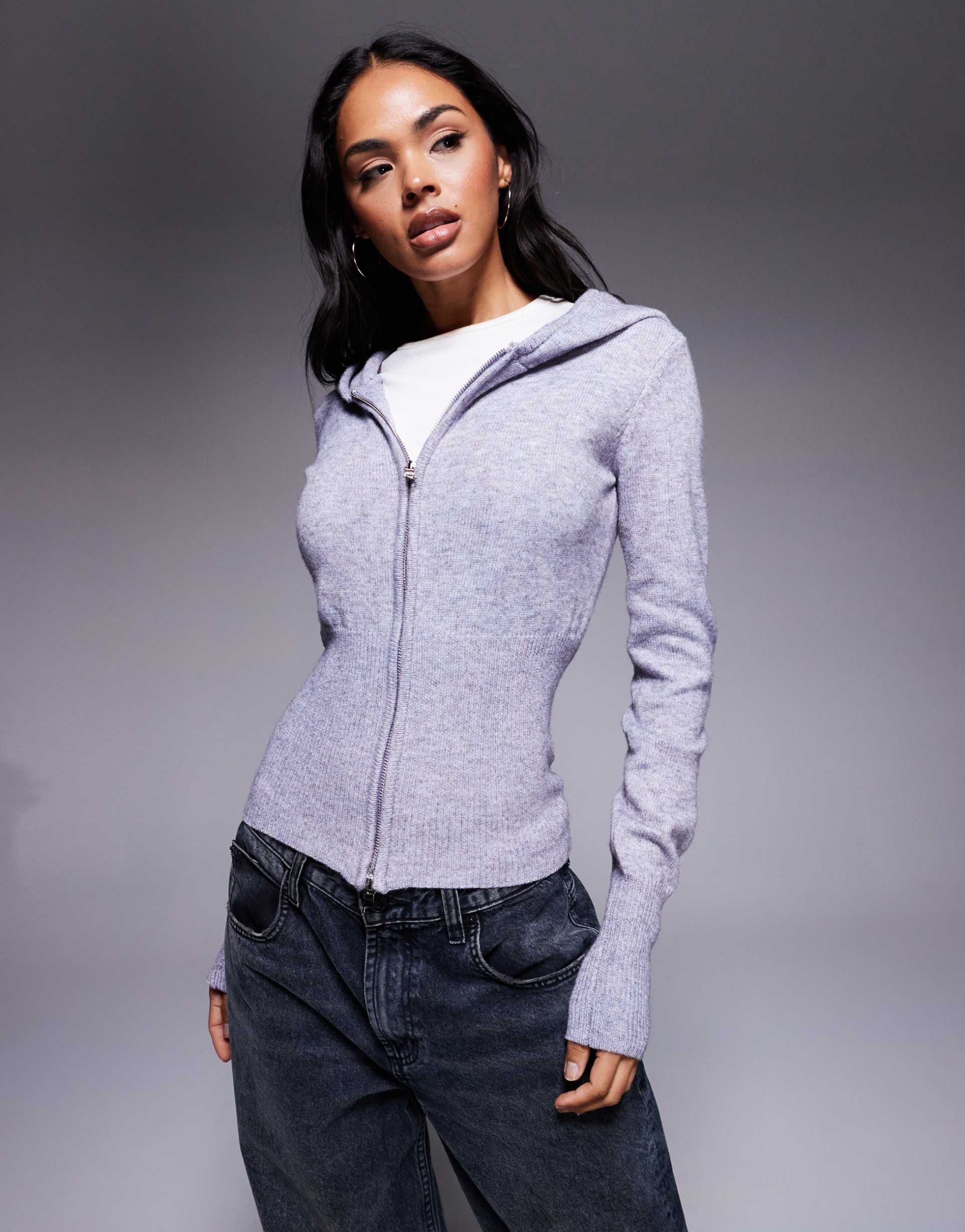 princess polly elingford zip up hooded structured cardigan in gray
