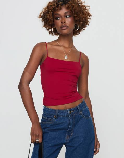 Princess Polly Elissa square neck open tie back detail cami top in red