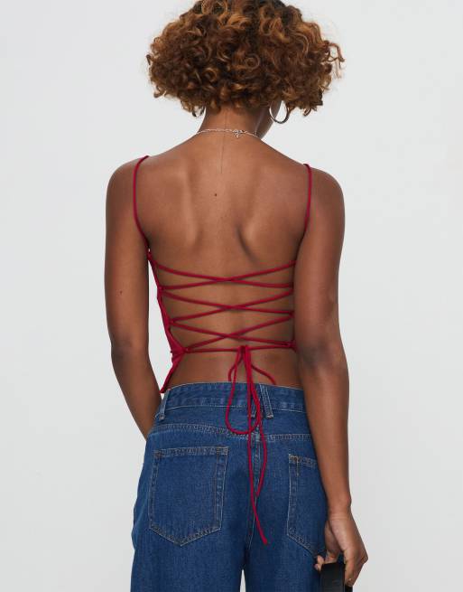 Princess Polly Elissa square neck open tie back detail cami top in red, 2 of 4