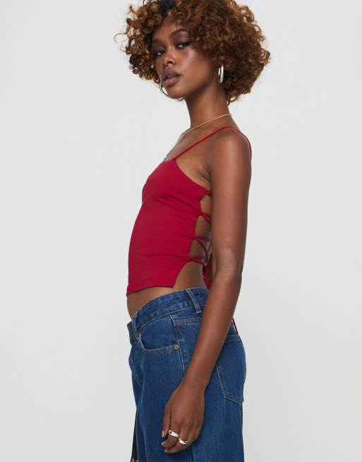 Princess Polly Elissa square neck open tie back detail cami top in red, 4 of 4