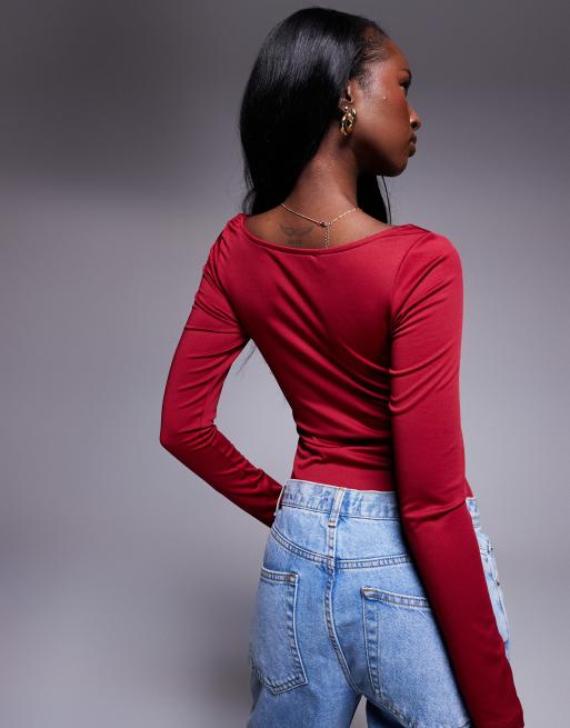 Princess Polly Ellery scoop neck long sleeve bodysuit in red, 4 of 4