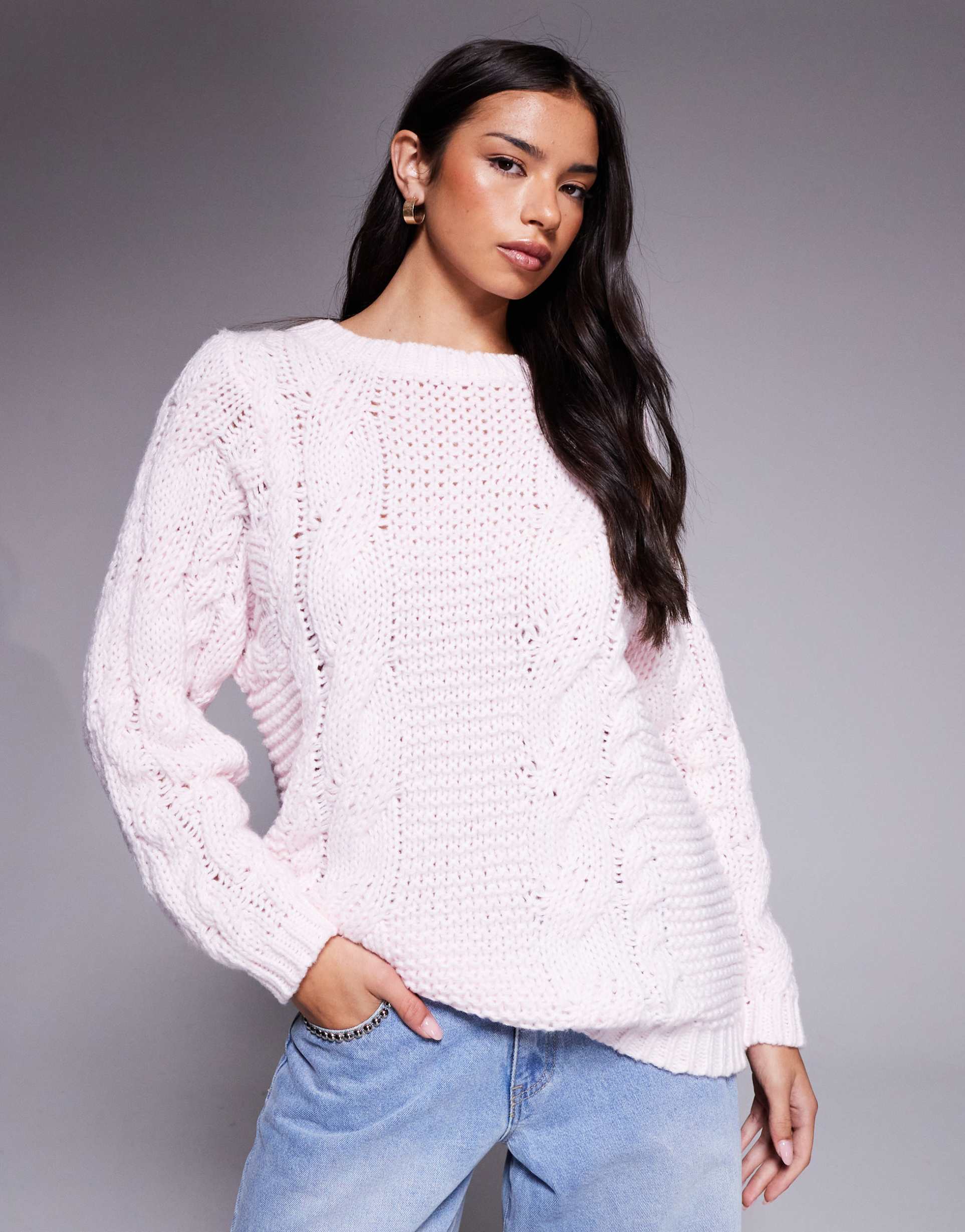 princess polly ellison oversized cable knit sweater in baby pink