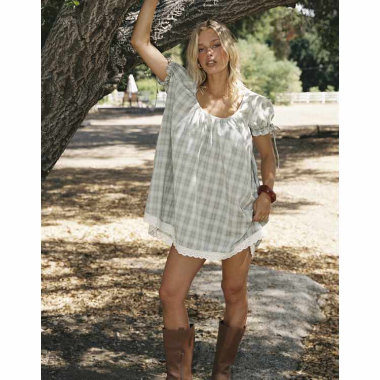 open lace back dress Winsie High Side One Piece Blue Gingham