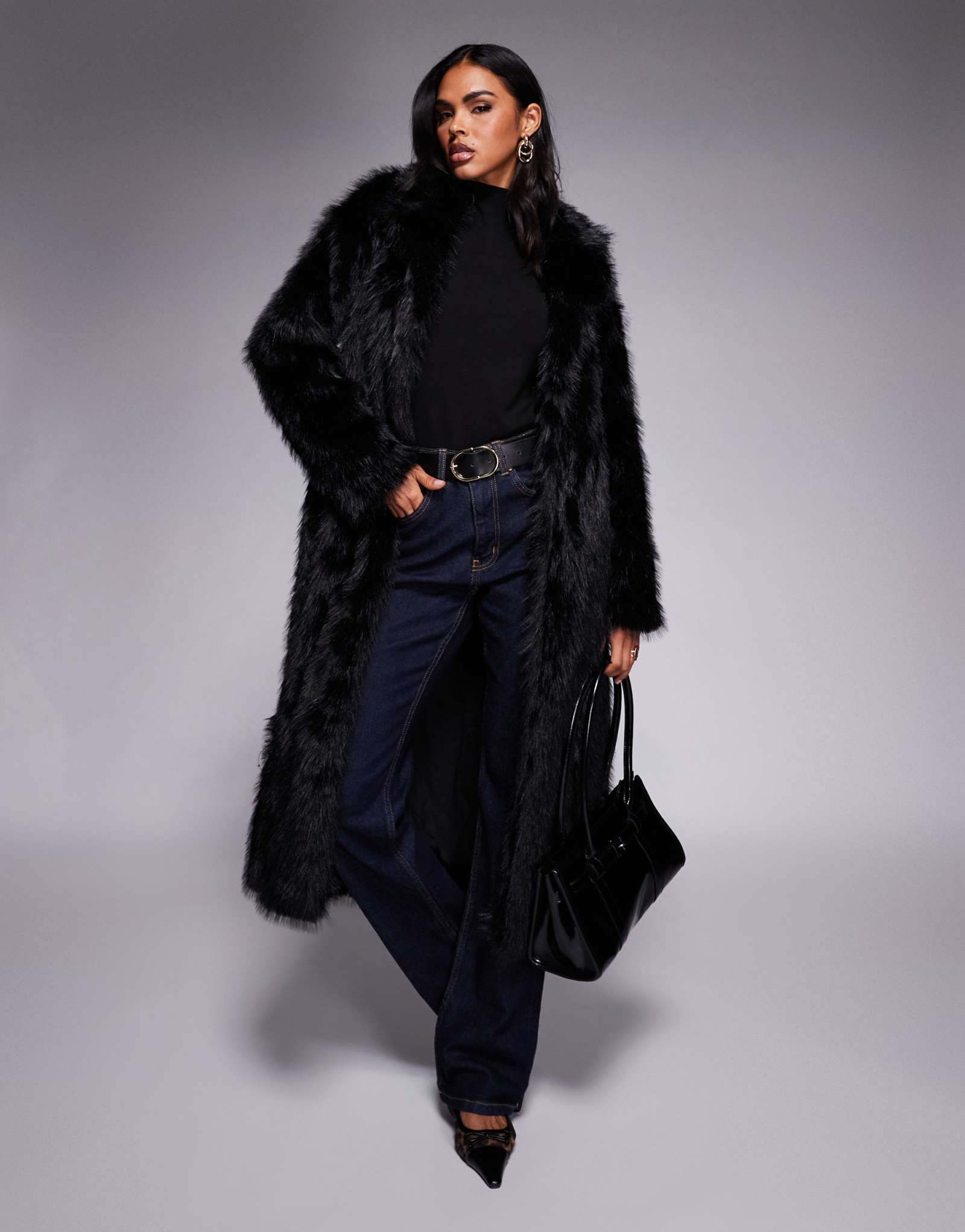Удлиненное пальто из искусственного меха с воротником-стойкой принцессы Полли черного цвета