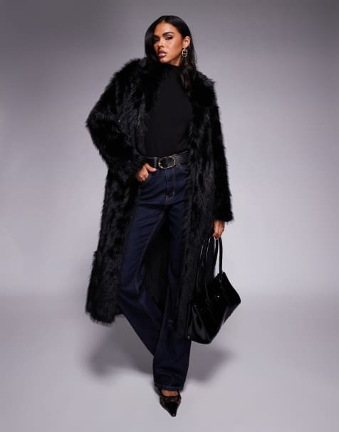 Princess Polly End of Beginning collar detail longline faux fur coat in black