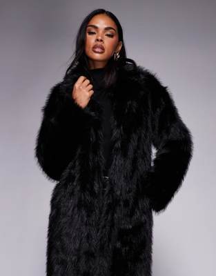 Princess Polly End Of Beginning Collar Detail Longline Faux Fur Coat In Black