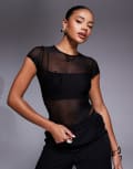 [Princess Polly] Princess Polly Eowyn sheer mesh flower detail short sleeve top in black 6 BLACK