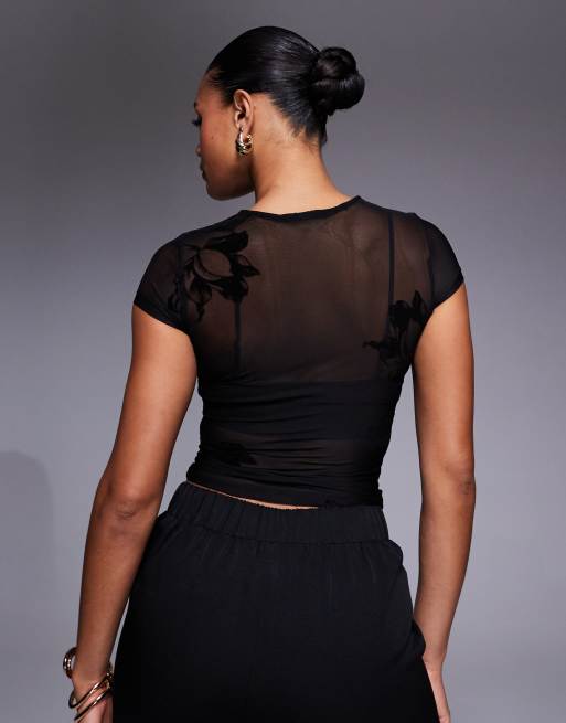 Princess Polly Eowyn sheer mesh flower detail short sleeve