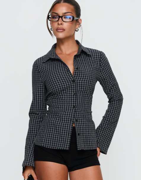 Princess Polly Eryx tie cinch back detail fitted shirt in black check - view 1