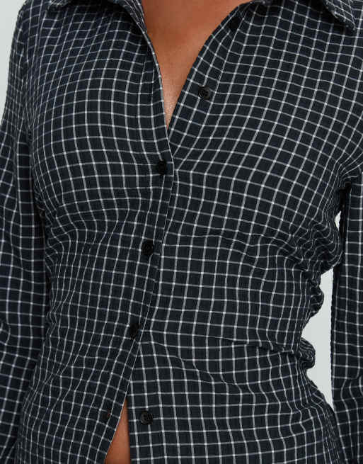 Princess Polly Eryx tie cinch back detail fitted shirt in black check, 2 of 4