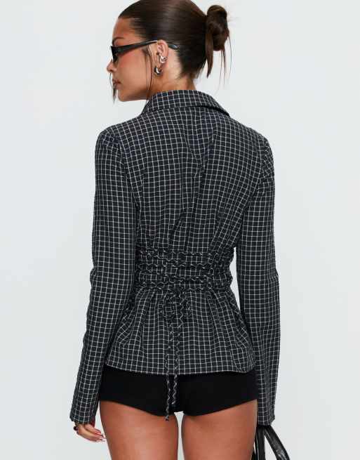 Princess Polly Eryx tie cinch back detail fitted shirt in black check, 4 of 4