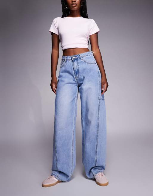 Princess Polly - Esperance - Jeans bombati lavaggio blu vintage con cuciture a vista