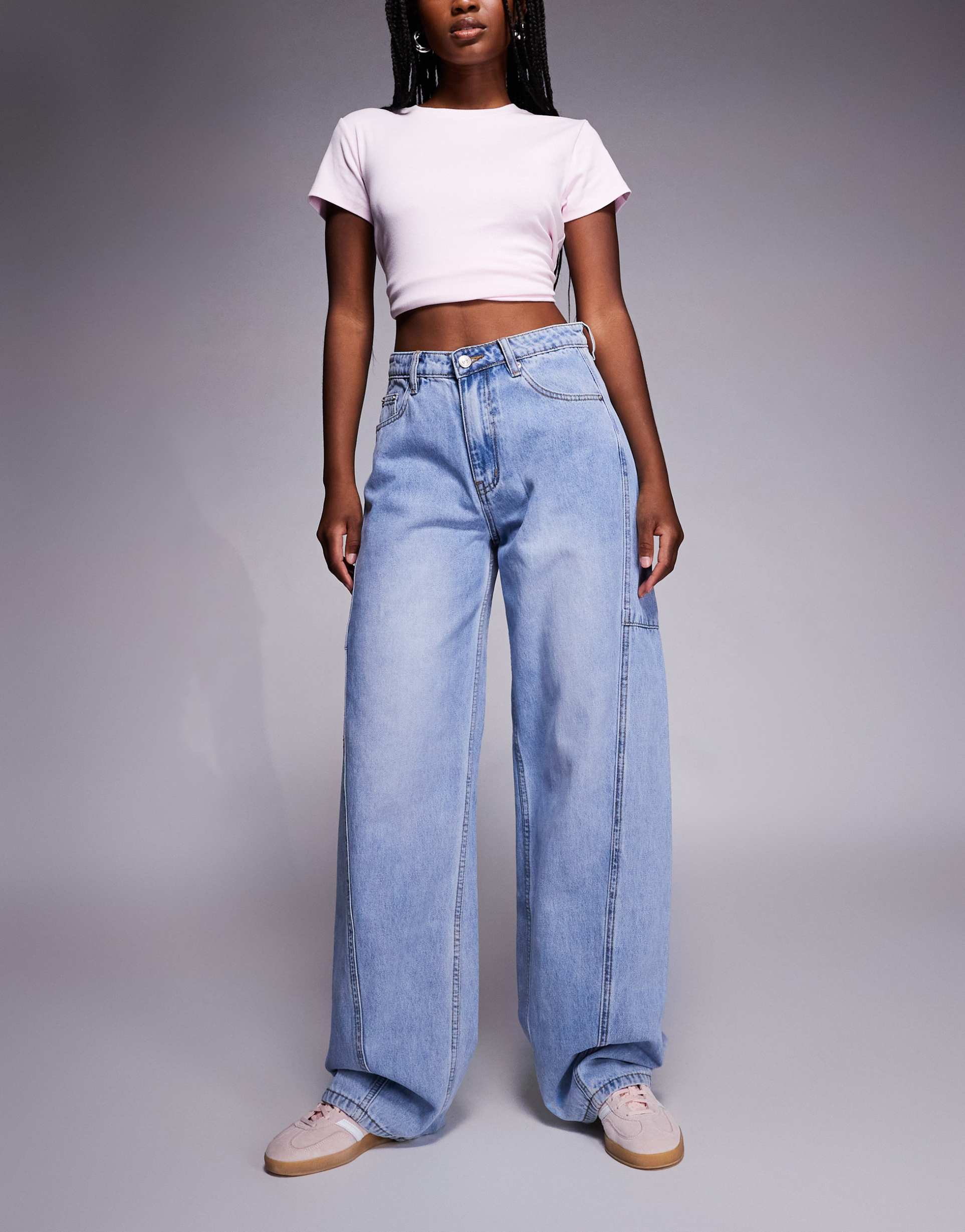 princess polly esperance seam detail barrel leg jeans in blue vintage wash