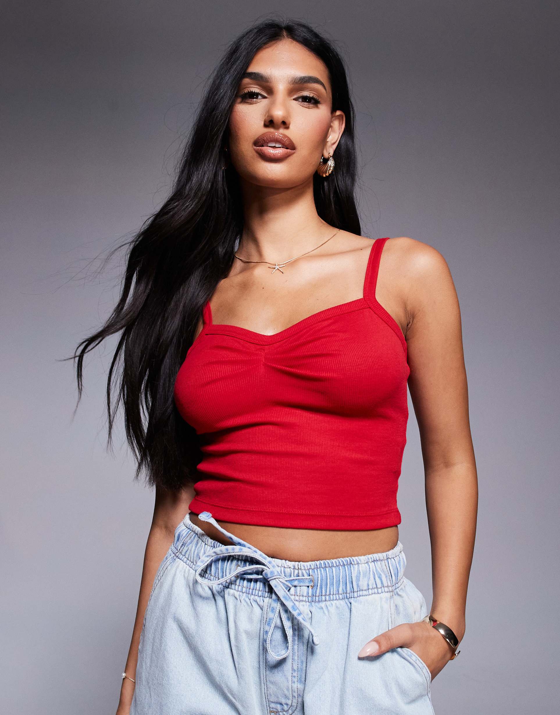 princess polly essentials ribbed ruched front cami top in red