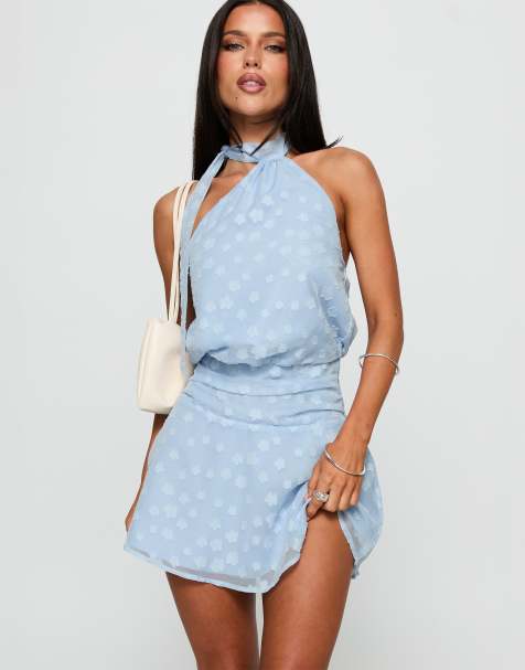 Princess Polly Eurythmic devore floral wrap scarf detail fitted waist mini dress in baby blue - view 1