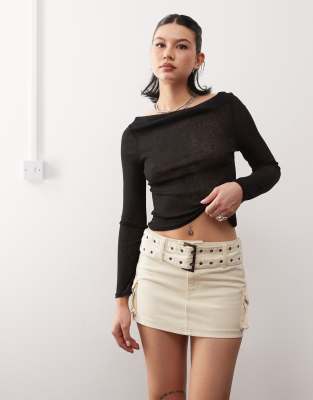 eyelet belt cargo mini skirt in beige-Neutral