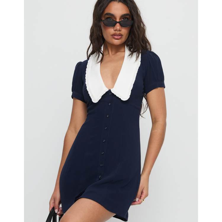 Princess Polly Fabiola contrast collared button up tie back mini dress in  navy | ASOS